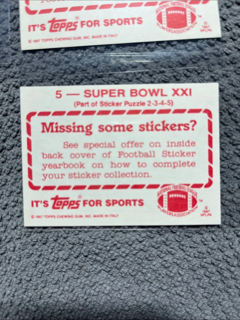 1987 4 Topps stickers (#2-3-4-5) celebrating Super Bowl XXI (Phil Simms, Oates,